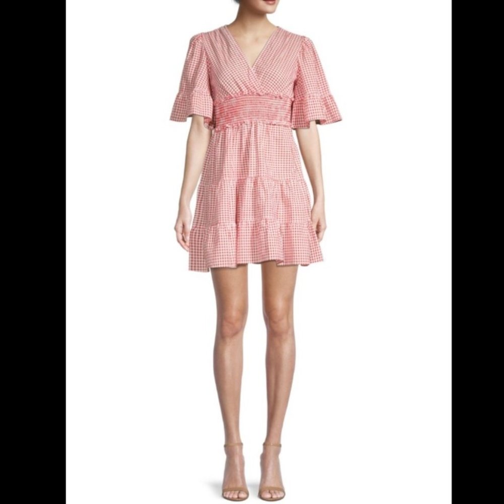 Max Studio Smocked Red Gingham Tiered Babydoll Mini Dress In Red